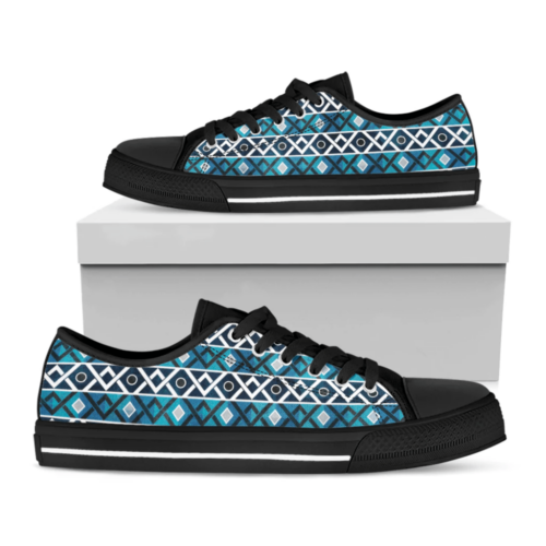 Turquoise Aztec Geometric Pattern Print Black Low Top Shoes For Men And Women