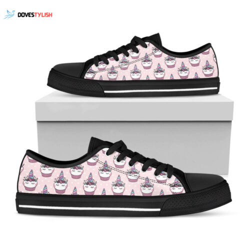 Unicorn Cupcake Pattern Print Black Low Top Shoes, Gift For Men And Women