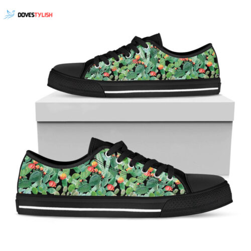 Watercolor Cactus Plant Print Black Low Top Shoes, Gift For Men And Women