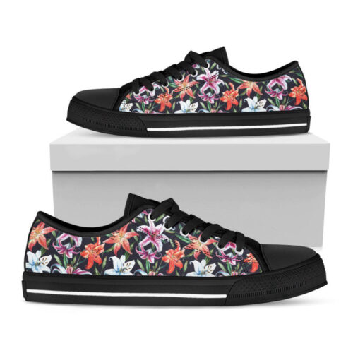Watercolor Lily Flowers Pattern Print Black Low Top Shoes, Best Gift For Men And Women