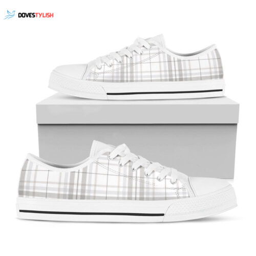 White And Grey Plaid Pattern Print White Low Top Shoes, Gift For Men And Women