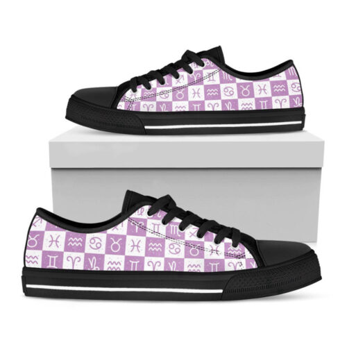 White And Purple Zodiac Signs Print Black Low Top Shoes, Gift For Men And Women