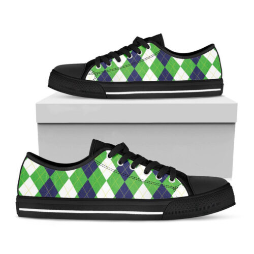 White Navy And Green Argyle Print Black Low Top Shoes, Gift For Men And Women
