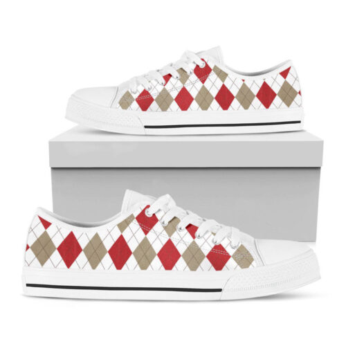 White Red And Beige Argyle Pattern Print White Low Top Shoes, Best Gift For Men And Women