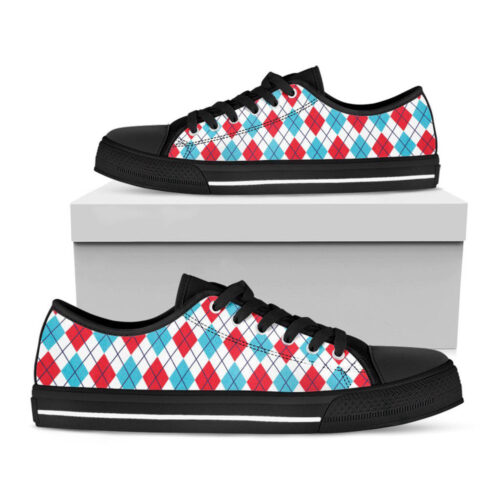 White Red And Blue Argyle Pattern Print Black Low Top Shoes, Best Gift For Men And Women