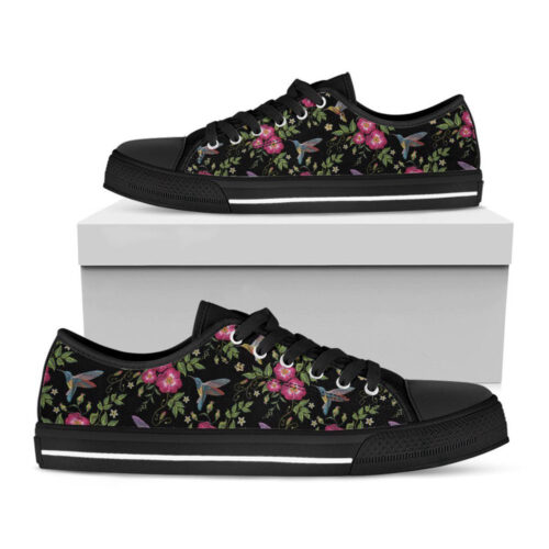 Wild Flowers And Hummingbird Print Black Low Top Shoes For Men And Women