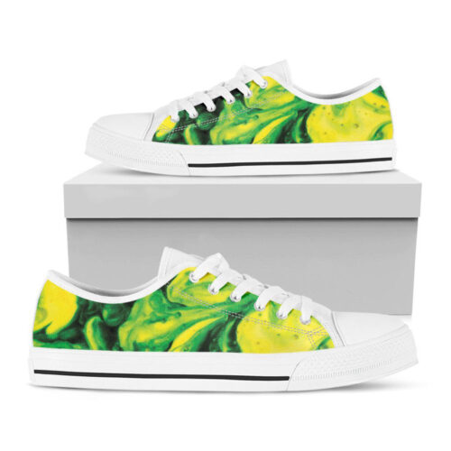 Yellow And Green Acid Melt Print White Low Top Shoes, Gift For Men And Women