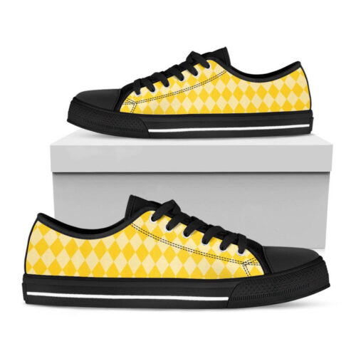 Yellow Harlequin Pattern Print Black Low Top Shoes, Best Gift For Men And Women