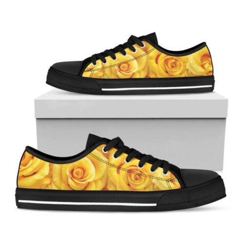 Yellow Rose Print Black Low Top Shoes, Best Gift For Men And Women