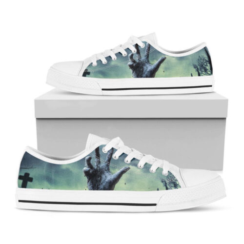 Zombie Hand Rising From Grave Print White Low Top Shoes, Gift For Men And Women