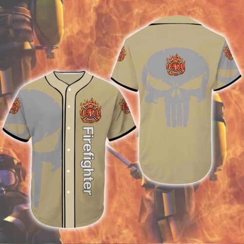 Firefighter Skull Baseball Tee Jersey Shirt Gift For Men Women