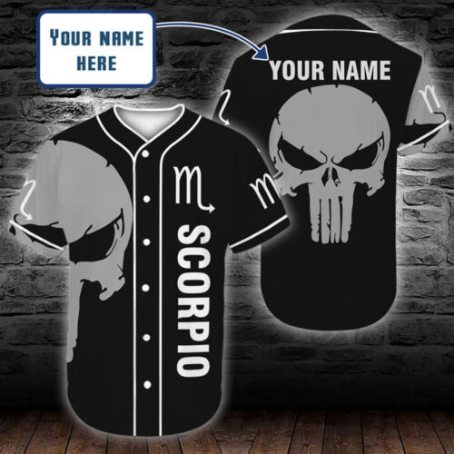 Personalized Custom Name Zodiac Scorpio Man Skull Baseball Tee Jersey Shirt