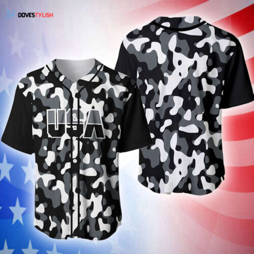 4th of July USA Black and White Camo Baseball Tee Jersey Shirt Printed 3D