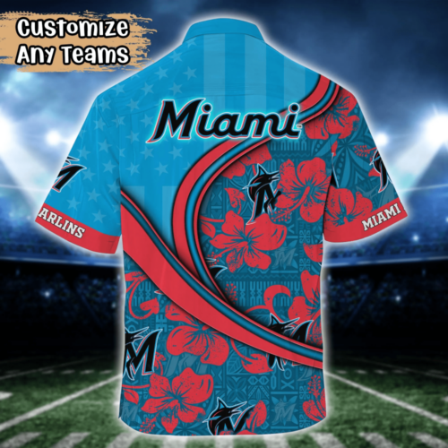 Miami Marlins MLB US Flag Flower Hawaii Shirt  For Fans, Custom Summer Football Shirts