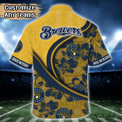 Milwaukee Brewers MLB US Flag Flower Hawaii Shirt  For Fans, Custom Summer Football Shirts