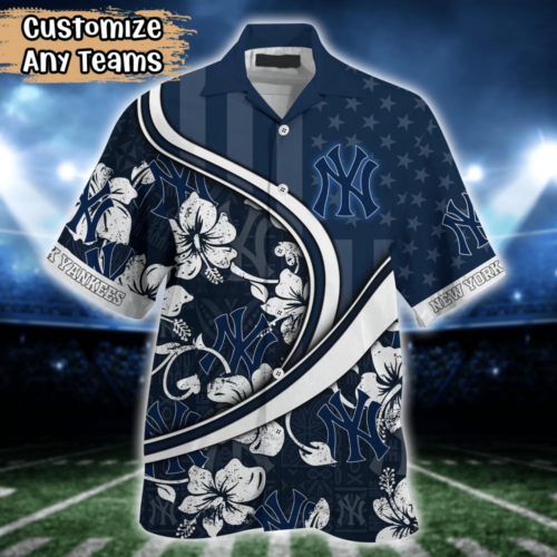 New York Yankees MLB US Flag Flower Hawaii Shirt   For Fans, Custom Summer Football Shirts