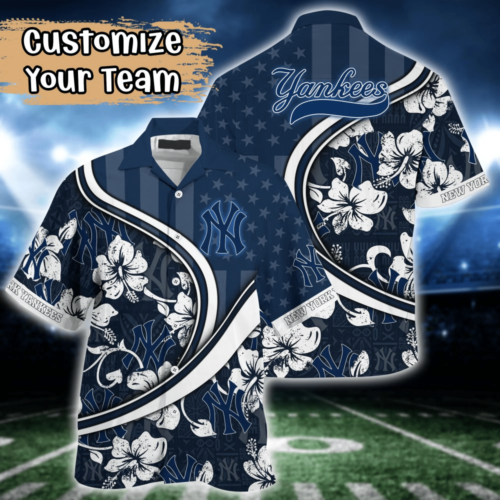 New York Yankees MLB US Flag Flower Hawaii Shirt   For Fans, Custom Summer Football Shirts