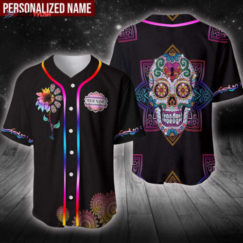 Personalized Custom Name Sugar Skull Mandala Baseball Tee Jersey Shirt Printed 3D  Gift For Men Women