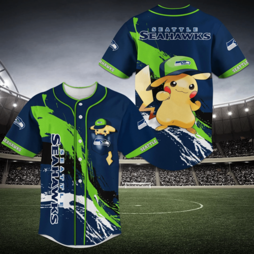 Personalized Seattle Seahawks NFL Baseball Jersey Shirt With Pikachu Design For Men Women