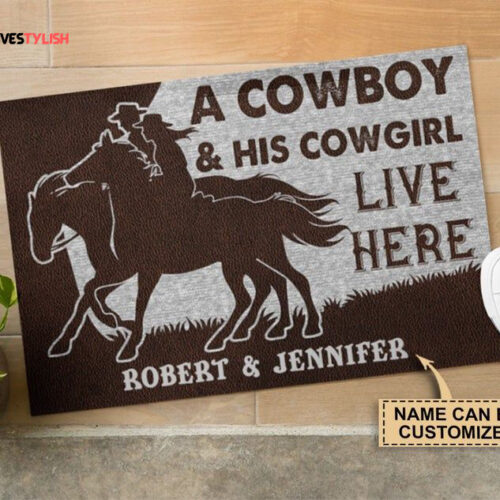 Couple Cowboy Welcome Mat, Personalized Cowboy And Cowgirl Live Here Doormat, Housewarming Gift