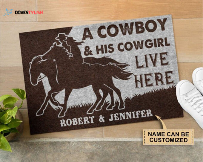 Couple Cowboy Welcome Mat, Personalized Cowboy And Cowgirl Live Here Doormat, Housewarming Gift