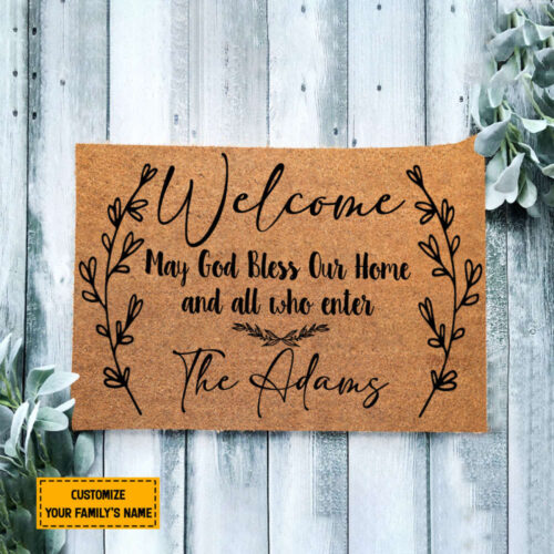 Customized Welcome May God Bless Our Home And All Who Enter Personalized Custom Doormat, Funny Quote Home Decor