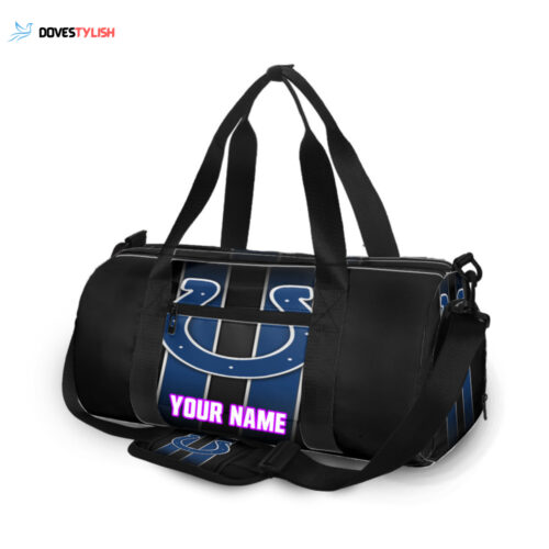 Indianapolis Colts Horseshoe Blue Stripped Personalized Name Travel Bag Gym Bag