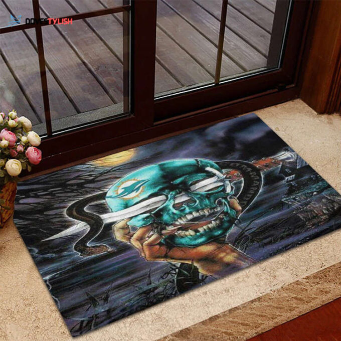 Miami Dolphins Skull Art 1 Foldable Doormat Indoor Outdoor Welcome Mat Home Decor