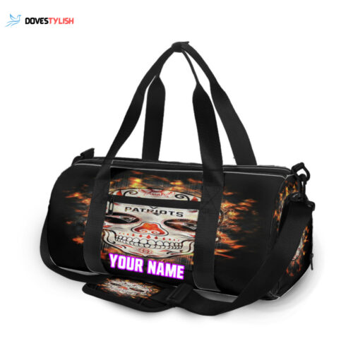 New England Patriots Skull Flowers Fire Personalized Name Travel Bag Gym Bag