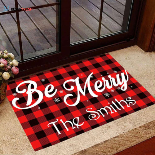 Personalized Be Merry Doormat Buffalo Plaid Custom Christmas Holiday Door Mat