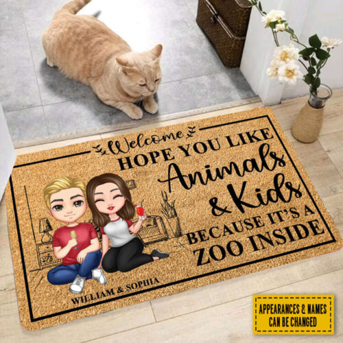 Personalized Couple New Home Doormat, Hope You Like Animals & Kids Personalized Doormat, Couple Family Decoration