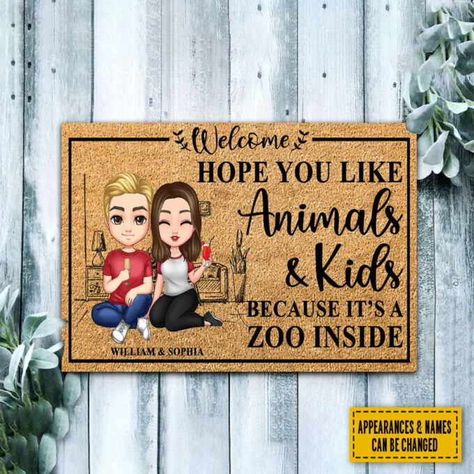 Personalized Couple New Home Doormat, Hope You Like Animals & Kids Personalized Doormat, Couple Family Decoration