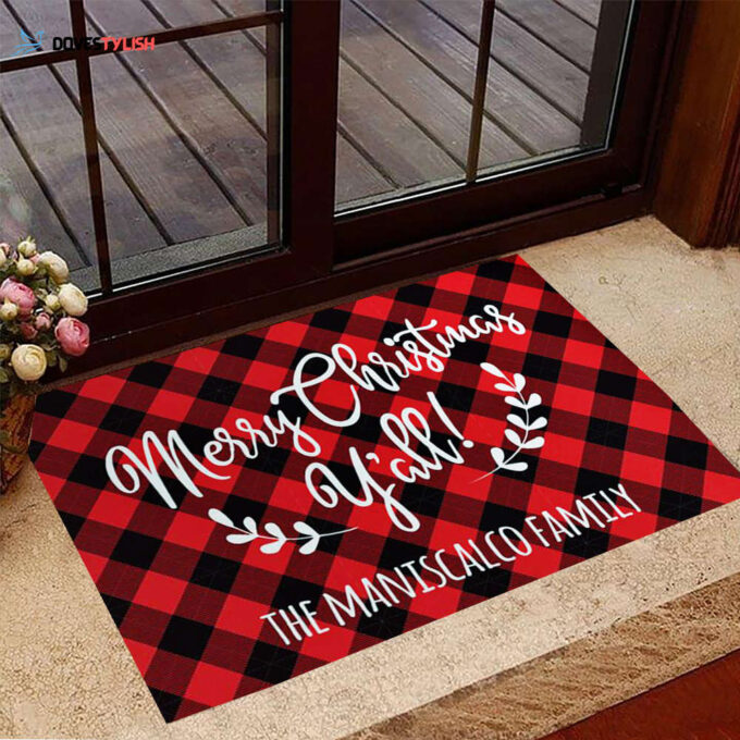 Personalized Merry Christmas Y’all Doormat Buffalo Plaid Holiday Christmas Welcome Mat