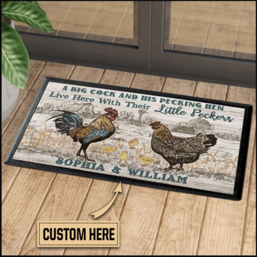 Tmarc Tee A Big Cock And His Pecking Hen Rooster Doormat Personalized Name