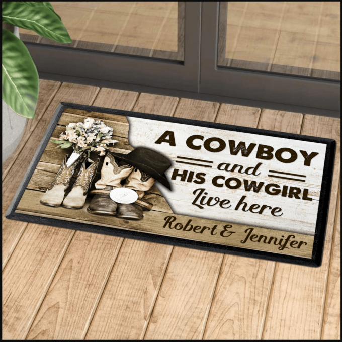 Tmarc Tee A Cowboy And His Cowgirl Live Here Personalized Doormat Welcome Mat, Best Gift For Home Decoration