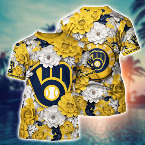 MLB Milwaukee Brewers 3D T-Shirt Flower Tropical For Sports Enthusiasts
