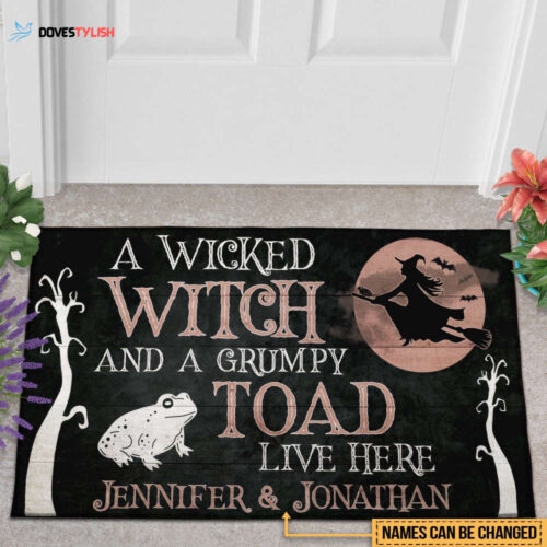 A WICKED WITCH AND A GRUMPY TOAD CUSTOMIZABLE DOORMAT