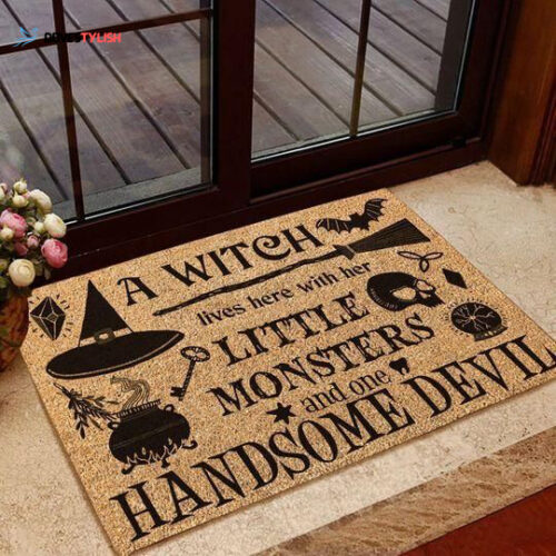 A Witch Lives Here With Her Little Monsters And Handsome Devil Easy Clean Welcome DoorMat | Felt And Rubber | Home Decor 2024