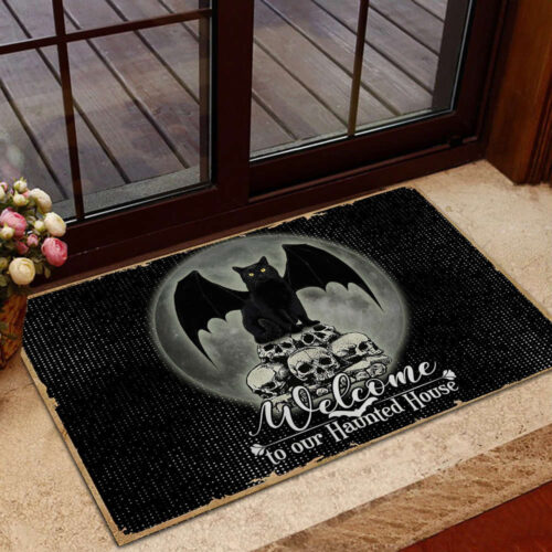 Black Cat Welcome to our haunted house Doormat Home Decor Halloween Gift Housewarming Gift HN