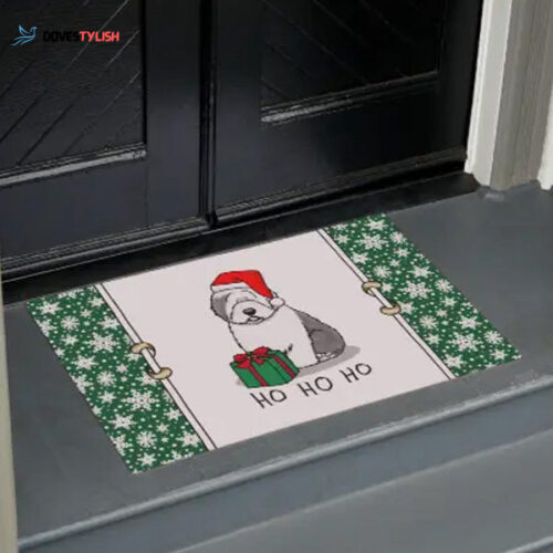 Christmas Santa Old English Sheepdog Cute Doormat Welcome Mat Housewarming Home Decor Gift For Dog Lovers