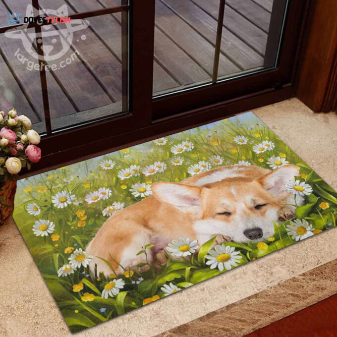 Corgi Sleeping On Flower Garden Doormat