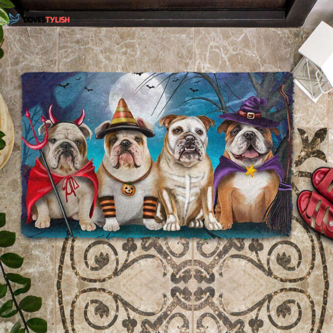 English Bulldog Halloween Doormat Indoor and Outdoor Doormat Warm House Gift Welcome Mat, Gift For Friend Family, Gift For Halloween Day