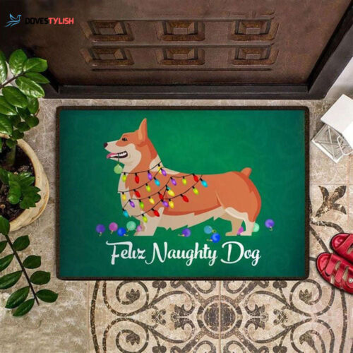 Feliz Naughty Dog Corgi Colorful Fairy Light Doormat Cute Dog Christmas Welcome Mat, Gift For Corgi Lovers