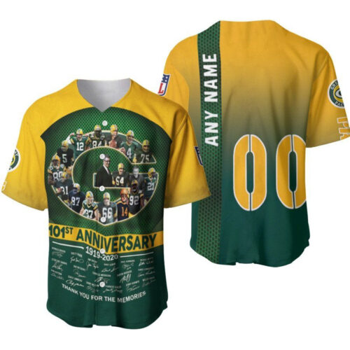 Green Bay Packers 101st Anniversary Thank You For The Memories Signature Designed Allover Gift With Custom Name Number For Packers Fans Baseball Jersey