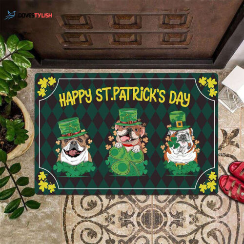 Happy St Patrick’s Day Doormat Funny Dog Welcome Mats Gifts For Bulldog Lovers HN