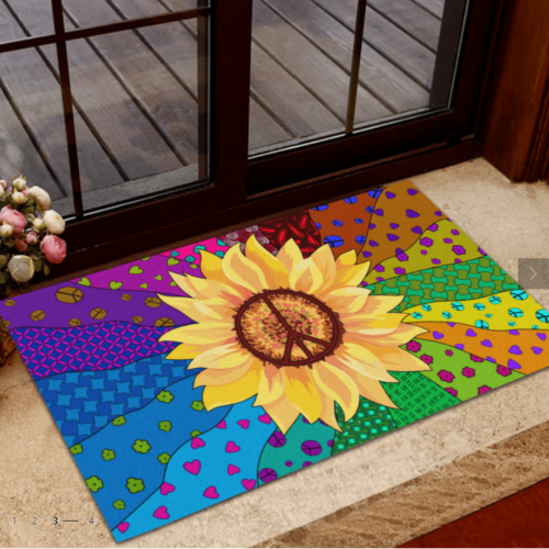 Hippie Sunflower Peace Love Colors Indoor And Outdoor Doormat Warm House Gift Welcome Mat Gift For Hippie Lovers