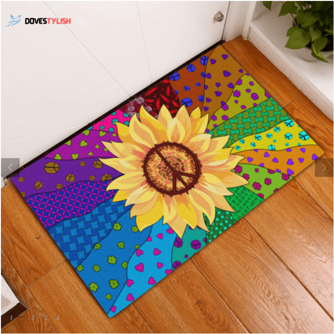 Hippie Sunflower Peace Love Colors Indoor And Outdoor Doormat Warm House Gift Welcome Mat Gift For Hippie Lovers