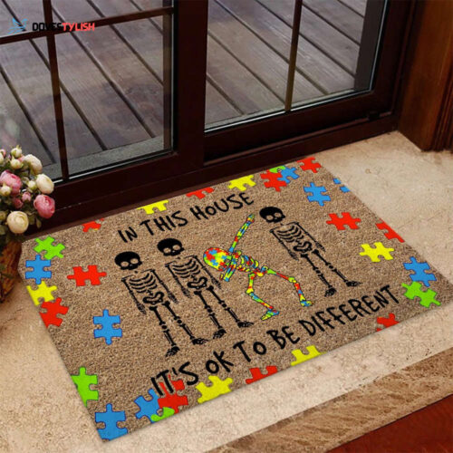 In This House It’s Ok To Be Different Skeleton Autism Awareness Doormat Autism Home Decor Autism Awareness Gift Idea HT