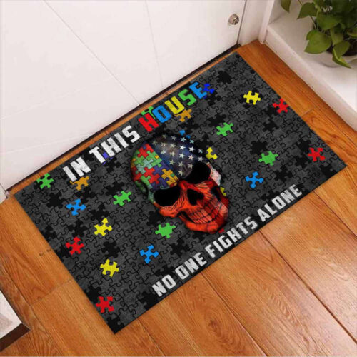 In This House No One Fights Alone Skull Autism Awareness Doormat Autism Home Decor Autism Awareness Gift Idea HT