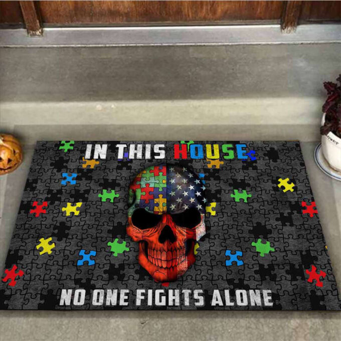 In This House No One Fights Alone Skull Autism Awareness Doormat Autism Home Decor Autism Awareness Gift Idea HT